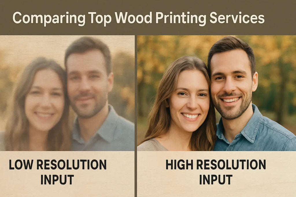 Visual comparison showing the difference between a high-resolution photo and a low-resolution photo when printed on wood.