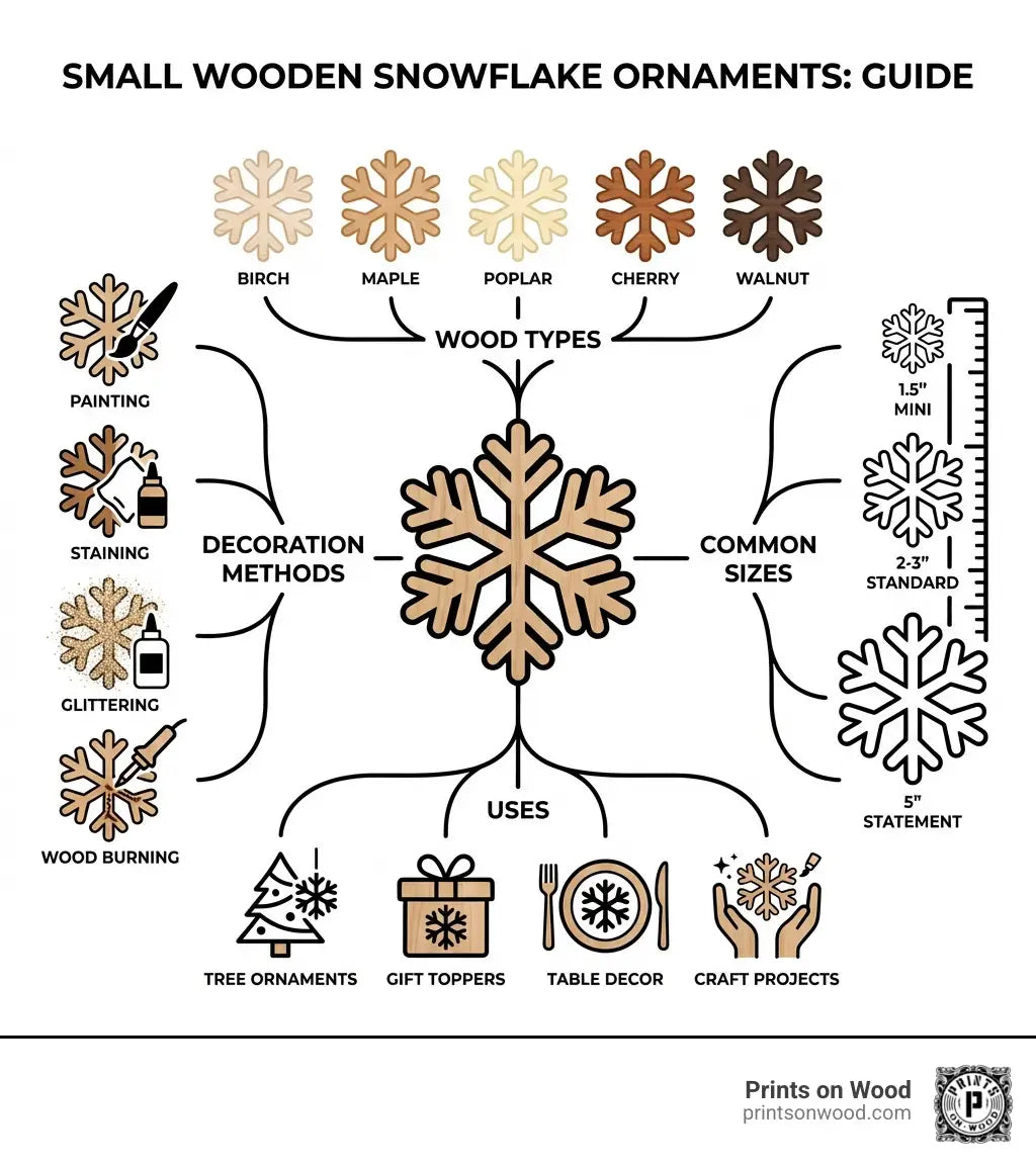 Infographic showing types of wood used for small wooden snowflake ornaments (birch, maple, poplar, cherry, walnut), common sizes (1.5", 2-3", 5"), decoration methods (painting, staining, glittering, wood burning), and uses (tree ornaments, gift toppers, table decor, craft projects) - small wooden snowflake ornaments infographic