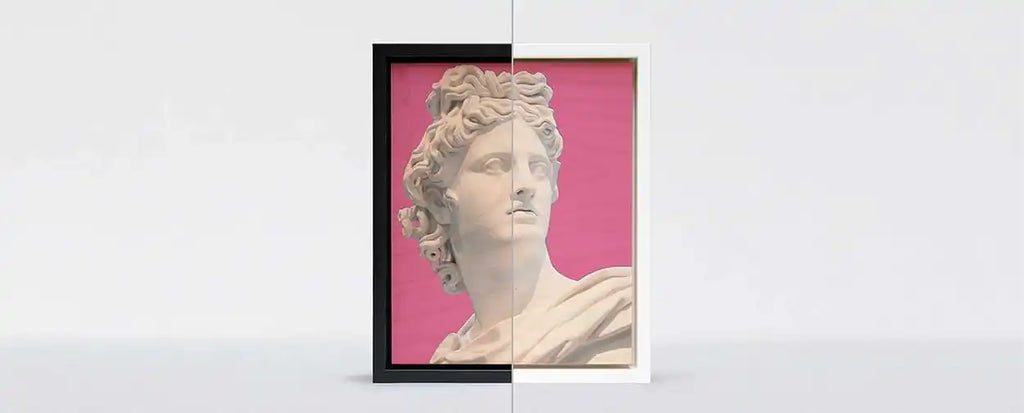 Classical marble sculpture head with curly hair against a pink backdrop.