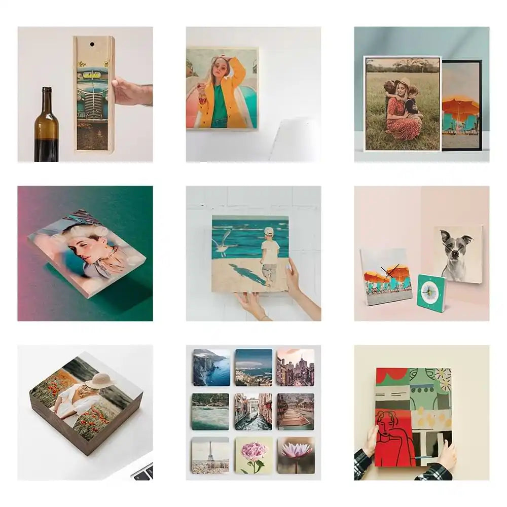 Collection of printed photographs and photo prints displayed in a grid layout.