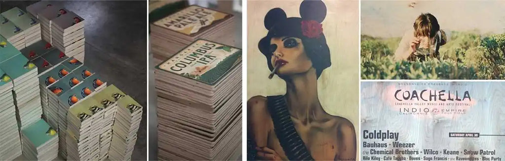 Four different photos arranged side by side showing stacks of papers, Mickey Mouse ears, and a Coachella festival scene.