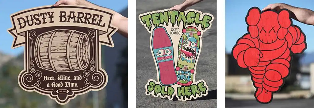 Three different logo designs featuring a wooden barrel, a skateboard with monster graphics, and a red balloon-style character.