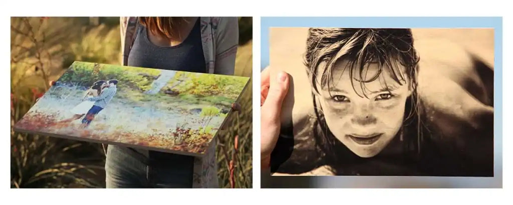 Two photographs side by side - one showing a colorful painting on a canvas, and one showing a black and white portrait.